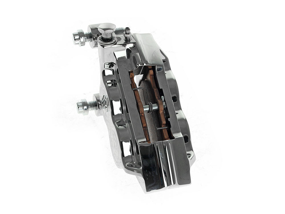 Left Hand Front 4 Piston Caliper - Chrome. Fits Softail 2015up, V-Rod 2006-2017, Touring 2008up & Sportster 2014-2021