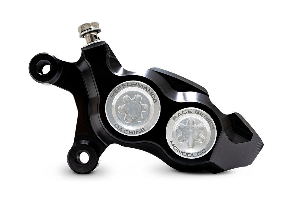 Left Hand Front 4 Piston Race Series Caliper - Black & Chrome. Fits Softail 2015up, V-Rod 2006-2017, Touring Most 2008-2024 & Sportster 2014-2021