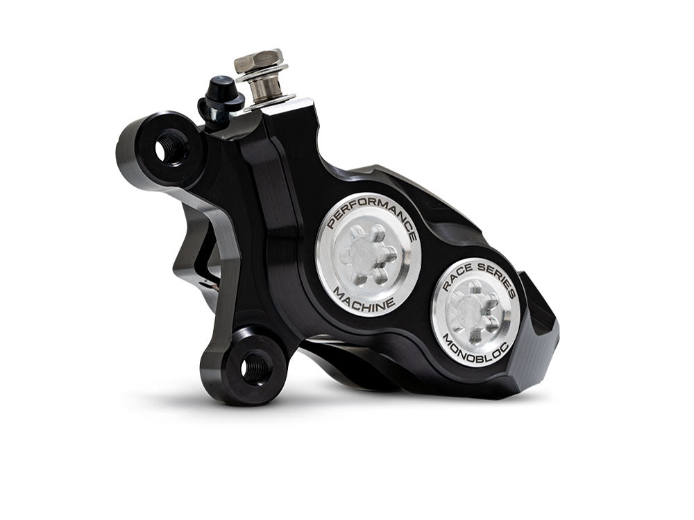 Left Hand Front 4 Piston Race Series Caliper - Black & Chrome. Fits Softail 2015up, V-Rod 2006-2017, Touring Most 2008-2024 & Sportster 2014-2021