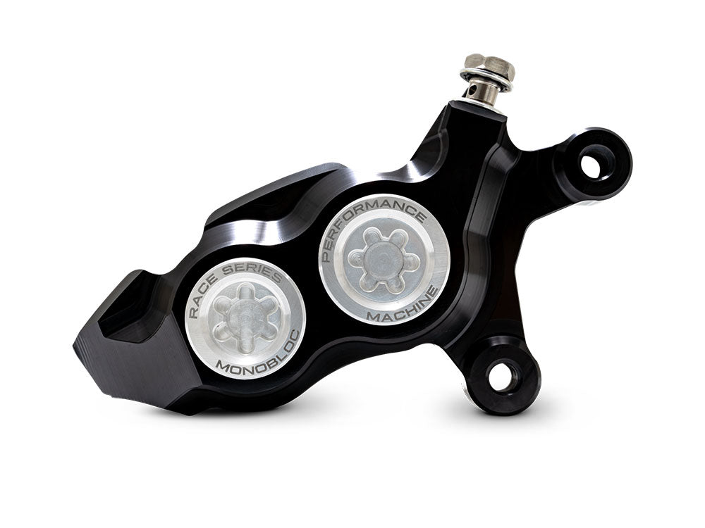 Right Hand Front 4 Piston Race Series Caliper - Black & Chrome. Fits Softail 2015up, V-Rod 2006-2017, Touring Most 2008-2024 & Sportster 2014-2021