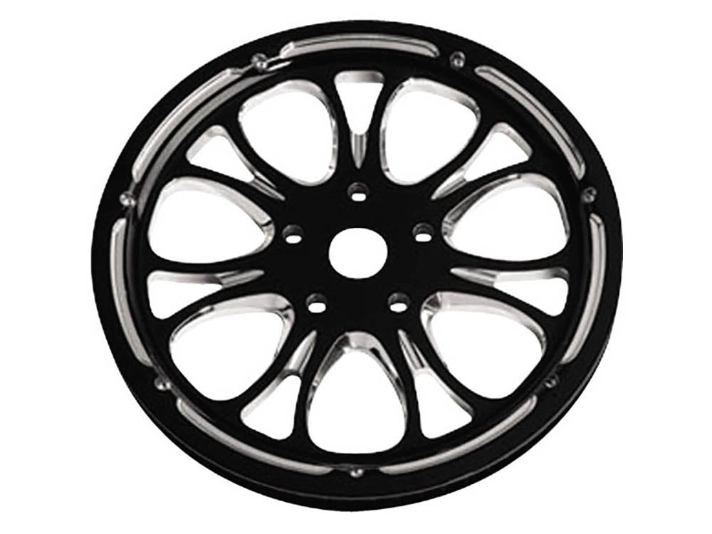 66 Tooth x 1in. wide Heathen Pulley - Black Contrast Cut Platinum. Fits Softail 2012up, Softail 2007up with 150 Rear Tyre & Touring 2007-2008.