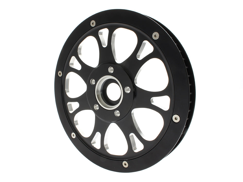 66 Tooth x 1in. wide Paramount Pulley - Black Contrast Cut Platinum. Fits Softail 2012up, Softail 2007up with 150 Rear Tyre & Touring 2007-2008.