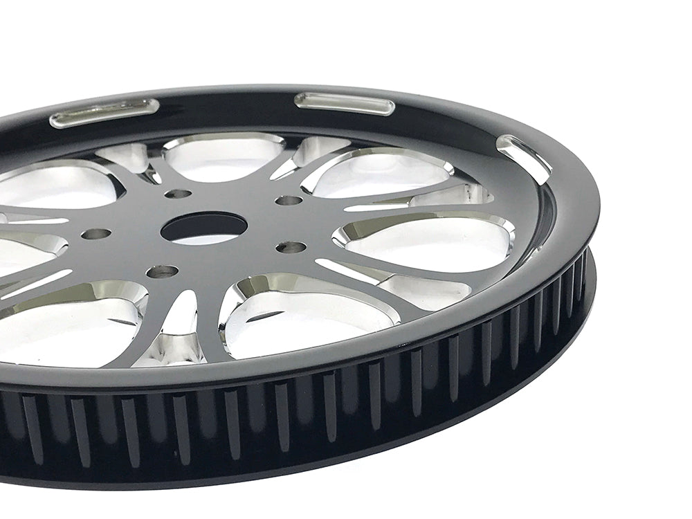 66 Tooth x 1in. wide Paramount Pulley - Black Contrast Cut Platinum. Fits Softail 2012up, Softail 2007up with 150 Rear Tyre & Touring 2007-2008.