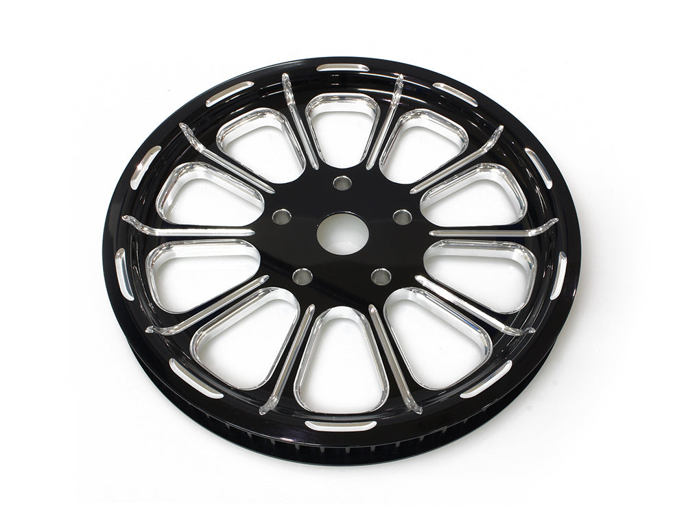 66 Tooth x 1in. wide Revel Pulley - Black Contrast Cut Platinum. Fits Softail 2012-2017, Breakout 2013-2017 & Rocker 2008-2011.