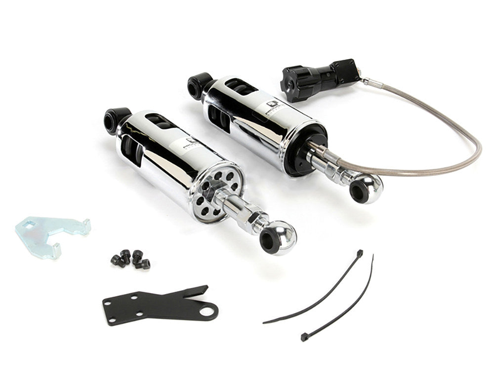 422 Series, Heavy Duty Spring Rate Rear Shock Absorbers with Remote Adjustable Preload - Chrome. Fits Softail 1989-1999.