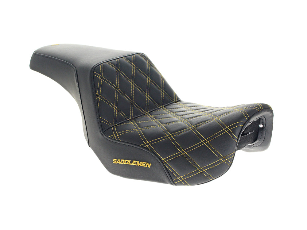 Saddlemen- Step-Up LS Dual Seat With Gold Double Diamond Lattice Stitch. Fits Dyna 2006-2017.