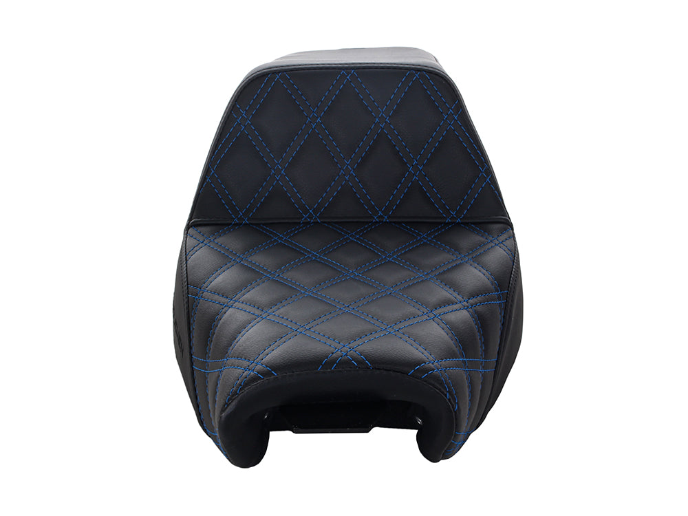 Step-Up LS Dual Seat with Blue Double Diamond Lattice Stitch. Fits Sportster 2004-2021 with 4.5 Gallon Fuel Tank.