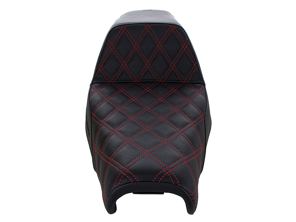 Step-Up LS Dual Seat with Red Double Diamond Lattice Stitch. Fits Sportster 2004-2021 with 3.3 Gallon Fuel Tank.
