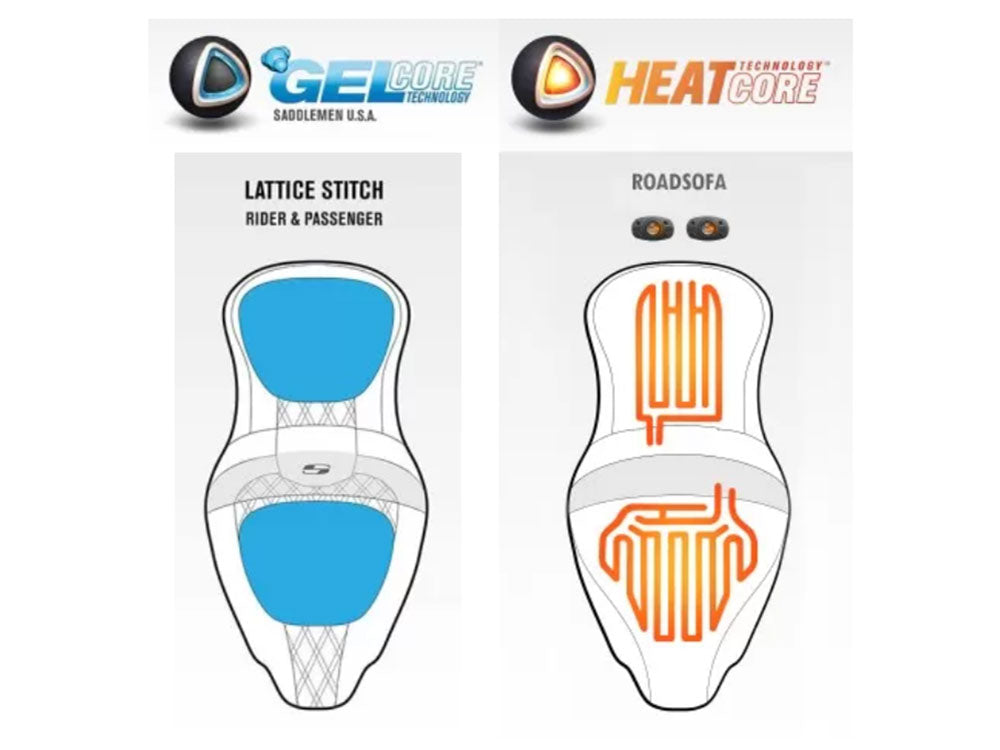 Heated, Extended Reach Roadsofa LS Dual Seat With Backrest & Black Double Diamond Lattice Stitch. Fits Most Touring 2008-2024