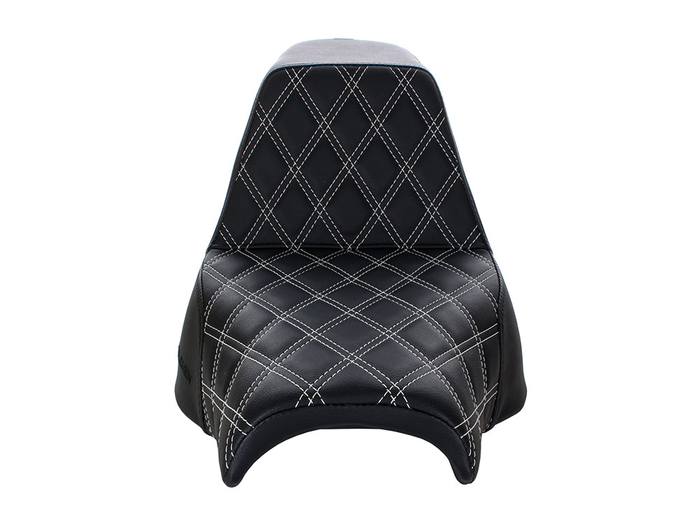 Step-Up LS Dual Seat with White Double Diamond Lattice Stitch. Fits Fat Bob 2018-2024