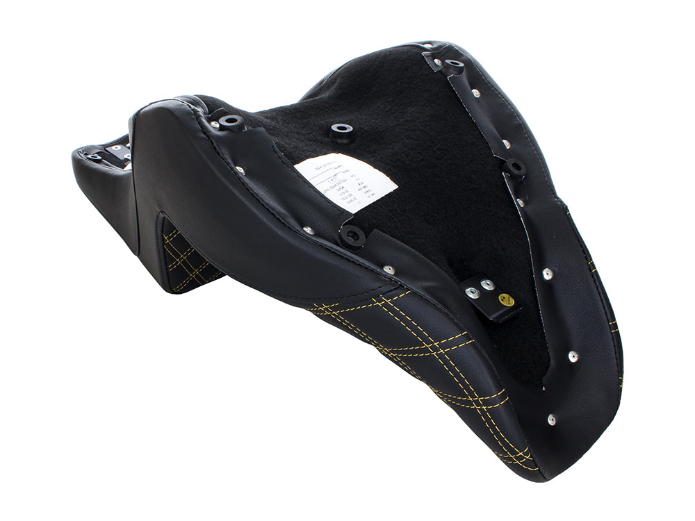 Step-Up LS Dual Seat with Gold Double Diamond Lattice Stitch. Fits Sport Glide & Low Rider 2018up, Low Rider S 2020up & Low Rider ST 2022up.