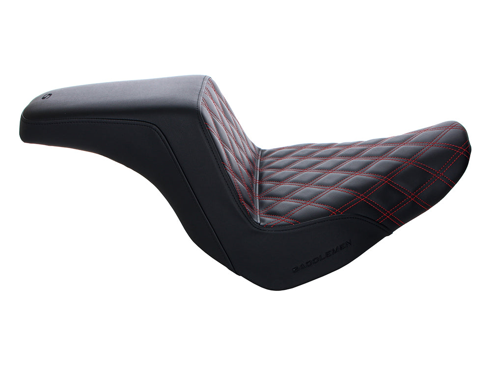 Step-Up LS Dual Seat with Red Double Diamond Lattice Stitch. Fits Sport Glide & Low Rider 2018up, Low Rider S 2020up & Low Rider ST 2022up.