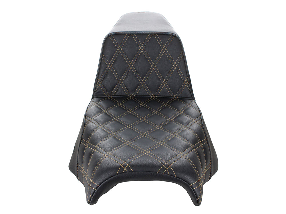 Step-Up LS Dual Seat with Gold Double Diamond Lattice Stitch. Fits Softail Street Bob 2018up & Standard 2020up.