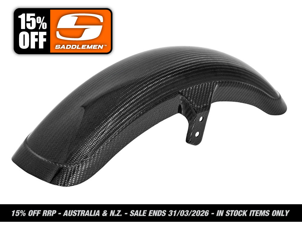 Saddlemen - Carbon Front Fender – Gloss Finish. Fits Mid-Glide Dyna 2006-2017, Softail Street Bob 2018up & Standard 2020-2024 with 19in. Front Wheel. Also Fits Softail Low Rider S 2020up & Low Rider ST 2022up with Adapter