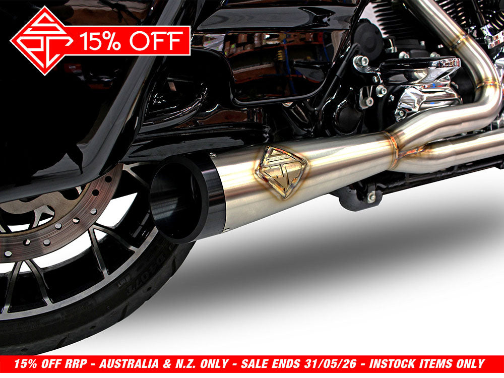 2-into-1 Cutback Exhaust – Stainless Steel with Black End Cap. Fits Touring 2017up – SP Concepts Exhaust