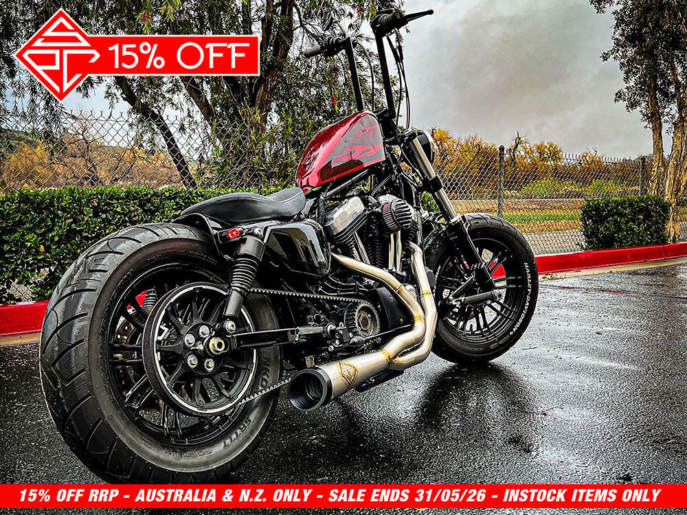 2-into-1 Cutback Exhaust – Stainless Steel with Black End Cap. Fits Sportster 2014-2021 – SP Concepts Exhaust