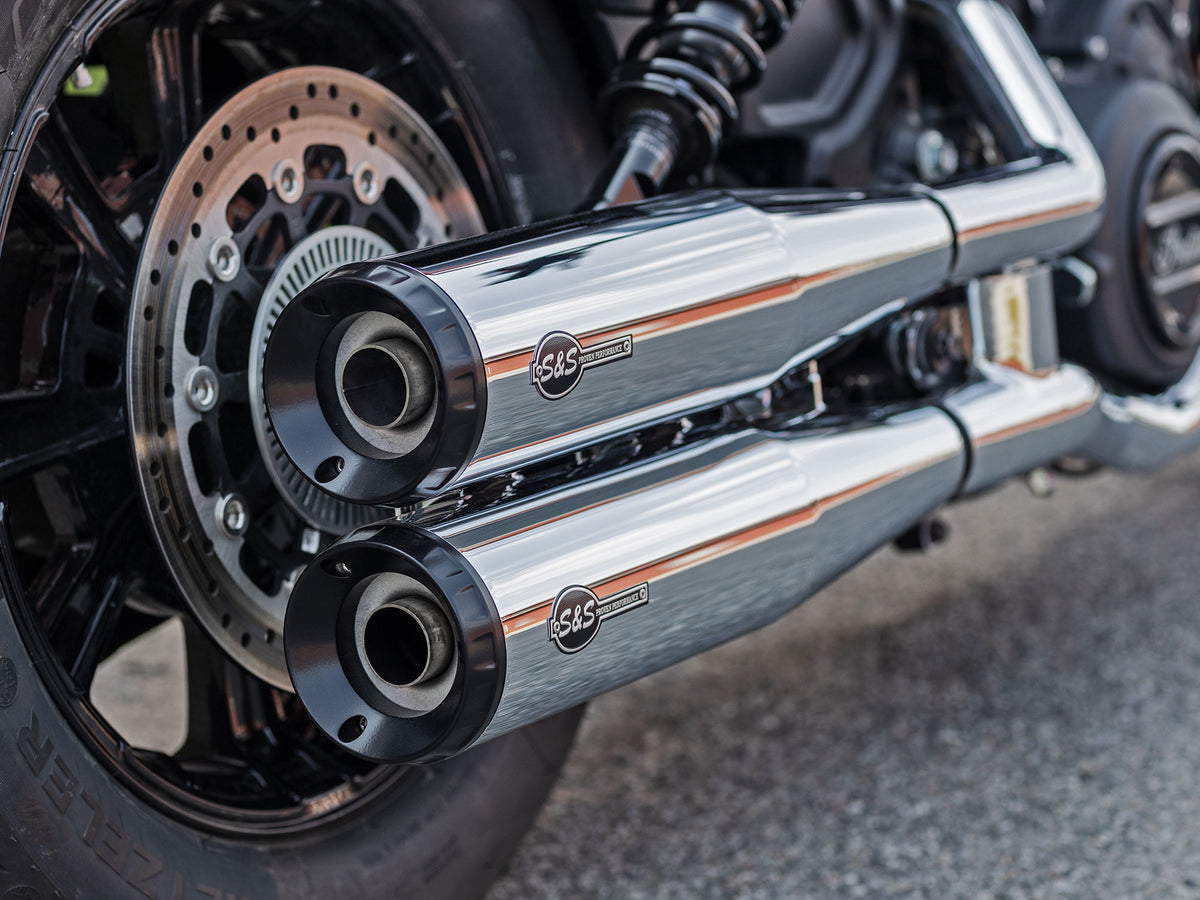 4in. Grand National Slip-On Mufflers - Chrome with Black End Caps. Fits Indian Scout 2015-2024