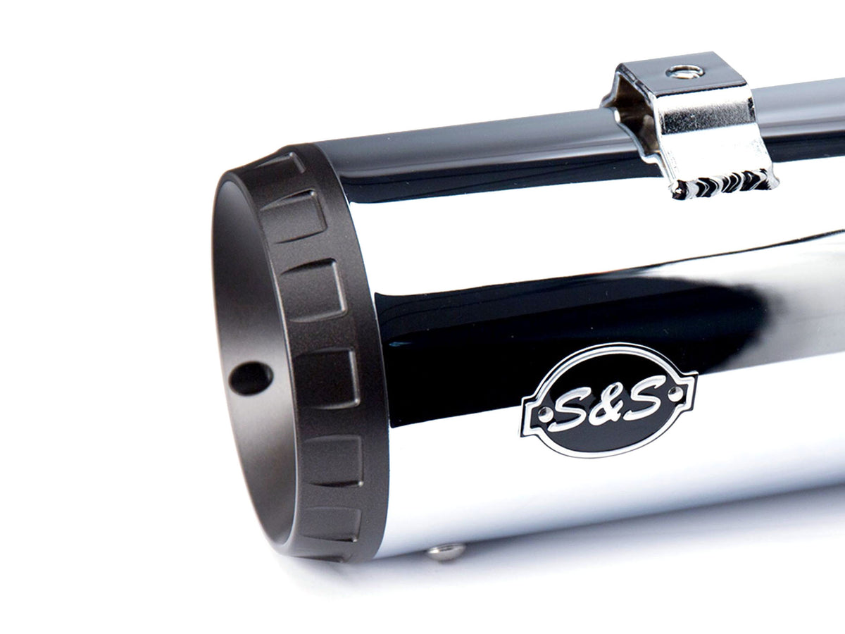 4in. Grand National Slip-On Mufflers - Chrome with Black End Caps. Fits Touring 1995-2016 & Trike 2017-2020.