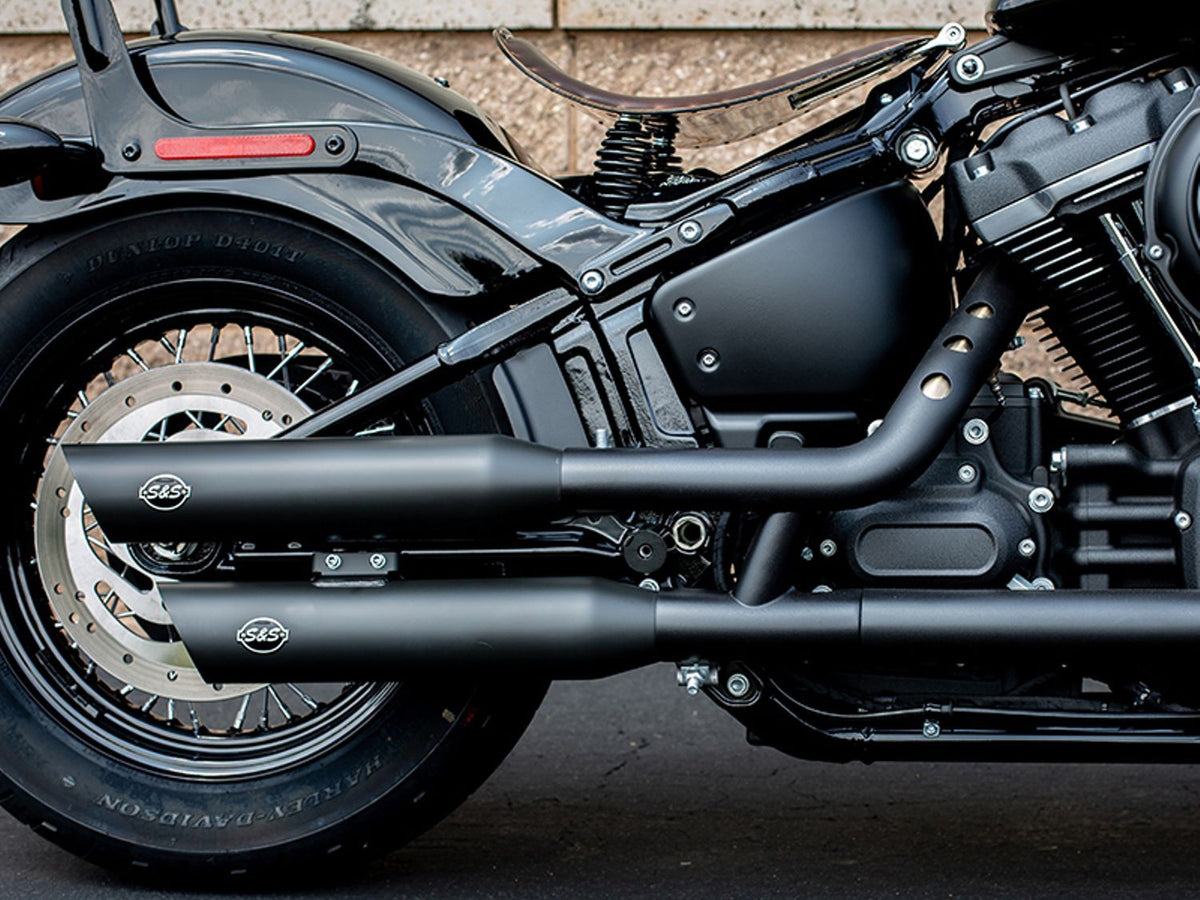 3-1/2in. Slash Cut Slip-On Mufflers - Black. Fits Softail Slim, Street Bob, Standard & Low Rider Models 2018-2024 & Breakout & Fat Boy 2018up