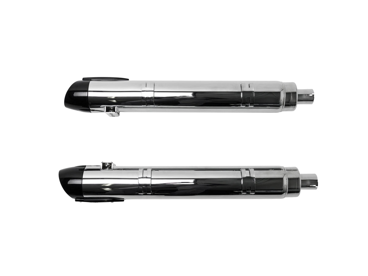 Broadhead 4in. Slip-On Mufflers - Chrome with Black End Caps. Fits Indian Big Twin 2014up with Hard Saddle Bags.