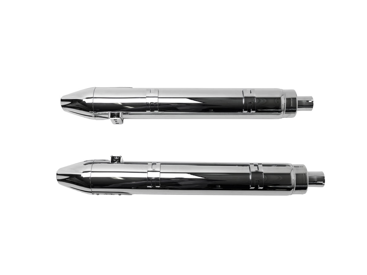 Fishtail 4in. Slip-On Mufflers - Chrome with Chrome End Caps. Fits Indian Big Twin 2014up with Hard Saddle Bags.