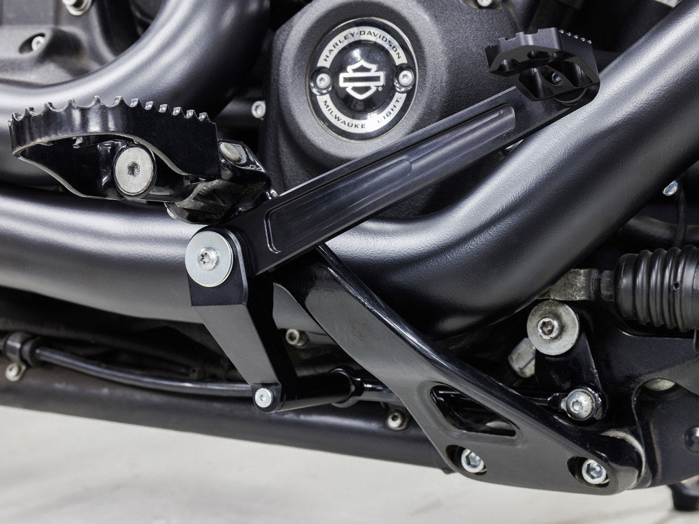Billet Mid Mount Brake Pedal for M8 Softail Models Running S&S Complete Exhaust System. Typically FXBB Street Bob 2018up & FXLR Low Rider 2018up – S&S