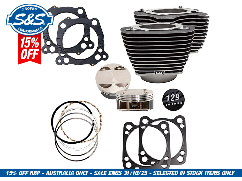 S&S- 129ci Big Bore Kit with Highlighted Fins – Black. Fits Milwaukee-Eight 2017up with 107ci Engine.