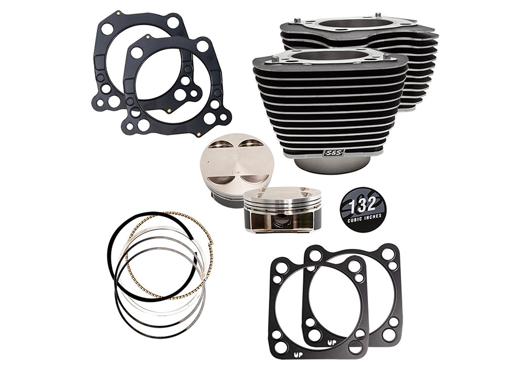 S&S - 132ci Big Bore Kit with Highlighted Fins – Black. Fits Milwaukee-Eight 2017up 114ci or 117ci Engine.
