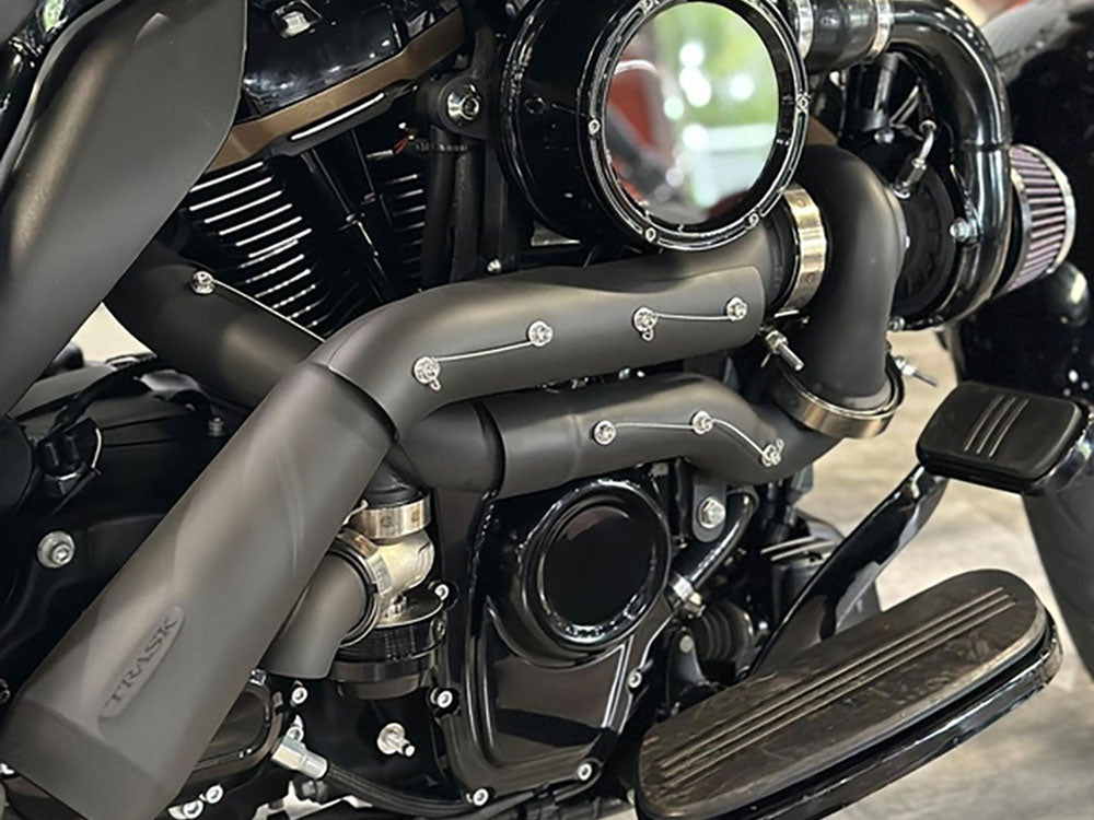 Tornado Turbo Kit – Black Exhaust, Black Billet. Fits Touring 2017-2023 and Softail 2018-2024 – Trask Performance