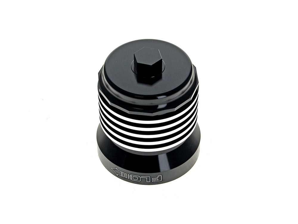 FLO Reusable Oil Filter - Black with Polished Fins. Fits Milwaukee Eight 2017up, Twin Cam 1999-2017, Evolution 1984-1999 & Sportster 1984-2021
