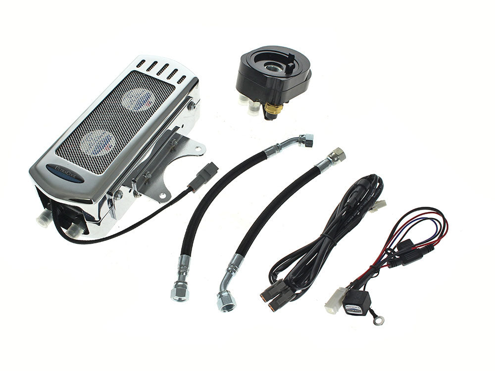 Fan Assisted Side Mount Oil Cooler Kit - Chrome. Fits Touring 1992-2008 and FXR 1992-1994
