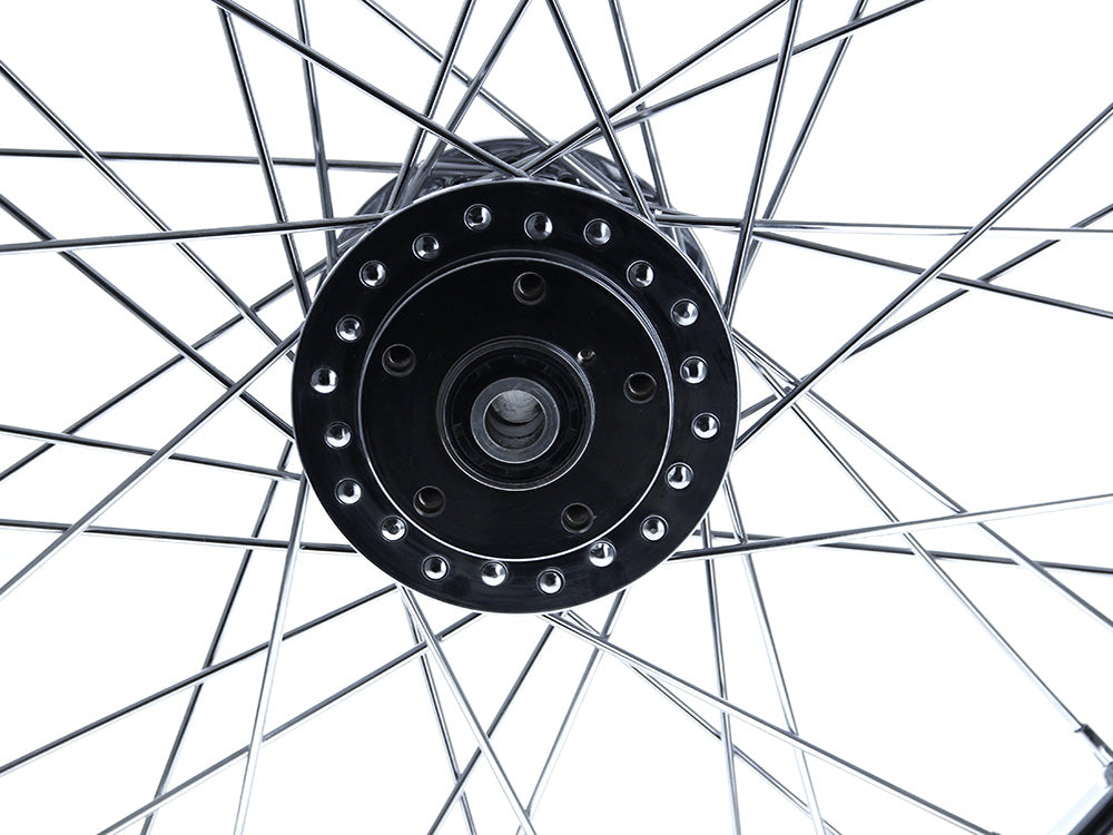 21in. x 2.15in. Front 40 Spoke Cross Laced Wheel - Chrome. Fits Narrow Glide Dyna 1991-1999, FXR 1984-1994 & Sportster 1984-1999.