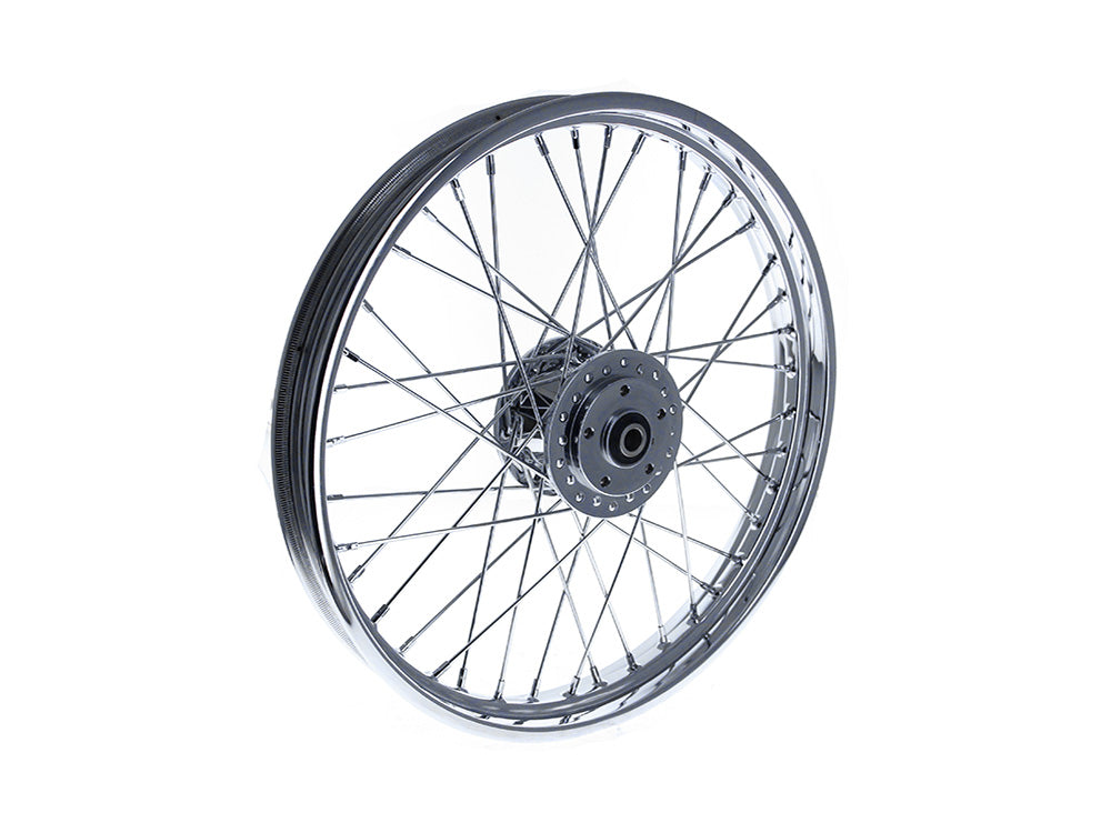 21in. x 2.15in. Front 40 Spoke Cross Laced Wheel - Chrome. Fits Narrow Glide Dyna 1991-1999, FXR 1984-1994 & Sportster 1984-1999.