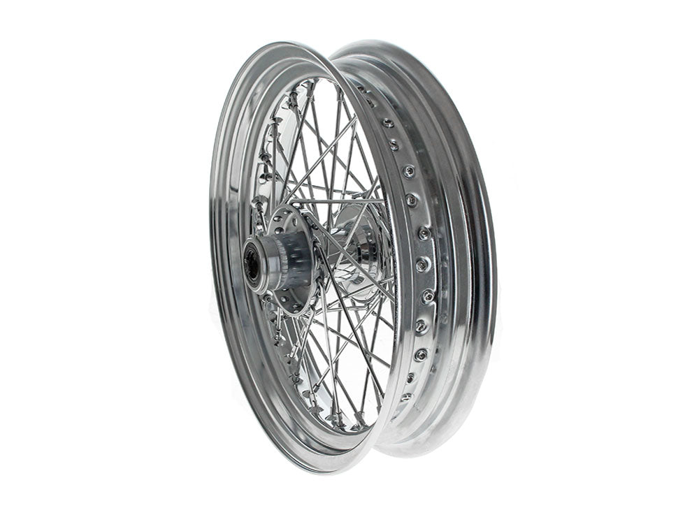 16in. x 3.0in. Front 40 Spoke Cross Laced Wheel - Chrome. Fits FL Softail 1986-1999