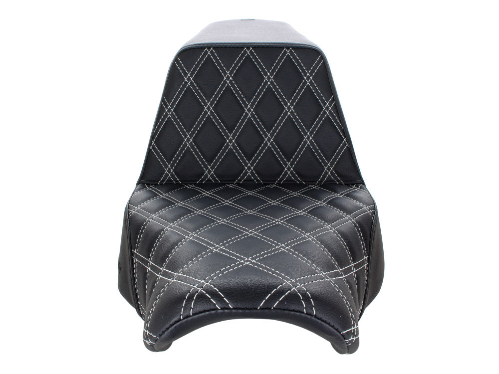 Step-Up LS Dual Seat With White Double Diamond Lattice Stitch. Fits Sport Glide & Low Rider 2018up, Low Rider S 2020up & Low Rider ST 2022up