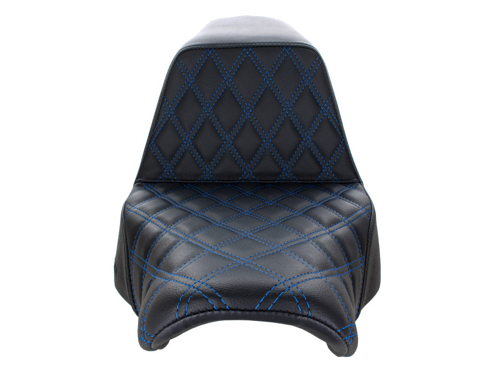 Step-Up LS Dual Seat With Blue Double Diamond Lattice Stitch. Fits Sport Glide & Low Rider 2018up, Low Rider S 2020up & Low Rider ST 2022up