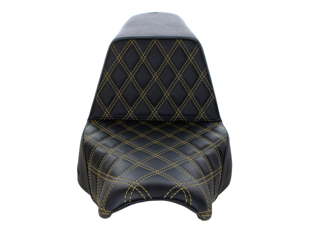 Step-Up LS Dual Seat With Gold Double Diamond Lattice Stitch. Fits Sport Glide & Low Rider 2018up, Low Rider S 2020up & Low Rider ST 2022up