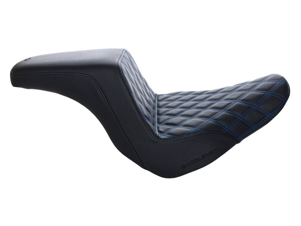 Step-Up LS Dual Seat With Blue Double Diamond Lattice Stitch. Fits Sport Glide & Low Rider 2018up, Low Rider S 2020up & Low Rider ST 2022up