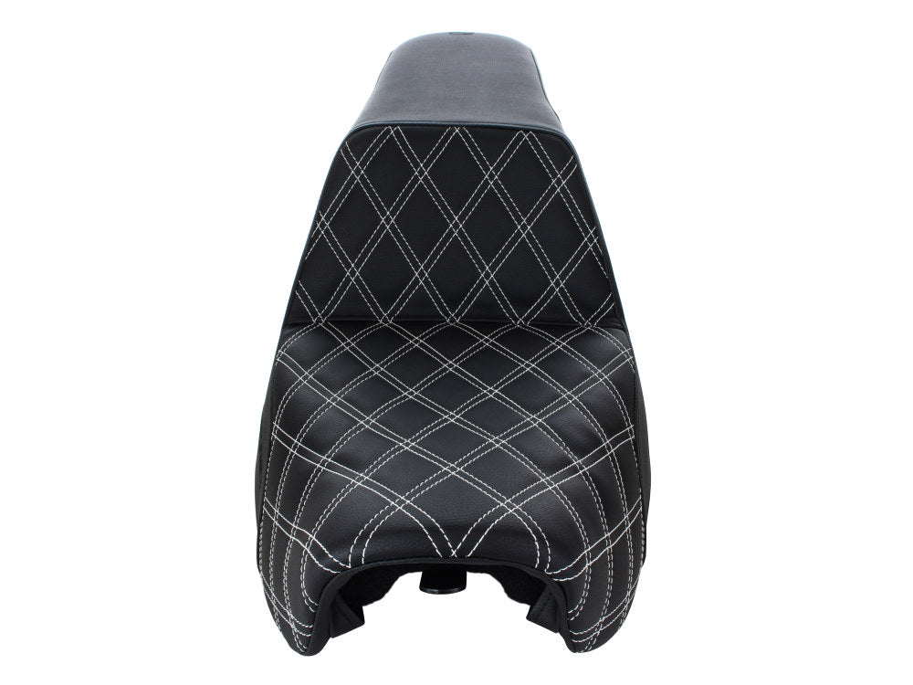 Step-Up LS Dual Seat With White Double Diamond Lattice Stitch. Fits Dyna 2006-2017.