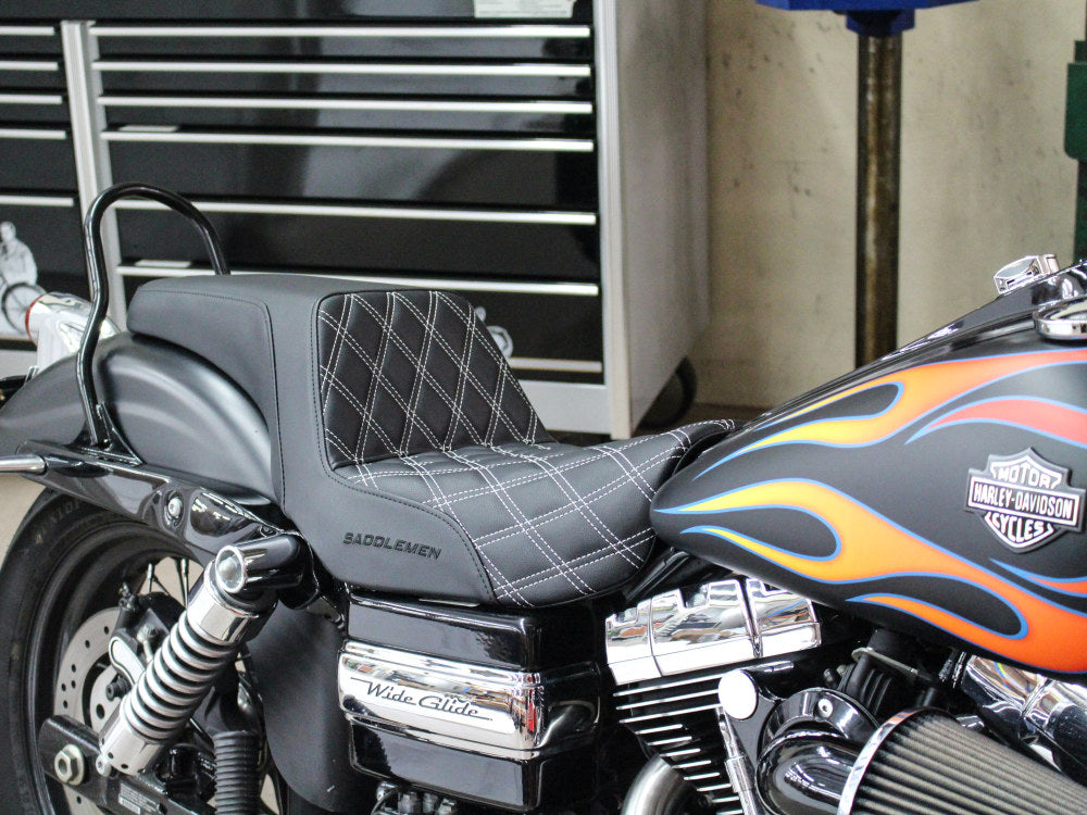 Step-Up LS Dual Seat With White Double Diamond Lattice Stitch. Fits Dyna 2006-2017.
