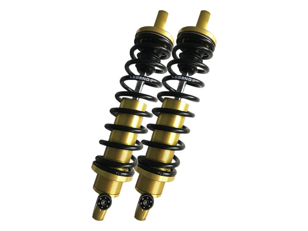 REVO-A Series, 14in. Adjustable Heavy Duty Spring Rate Rear Shock Absorbers – Gold. Fits Dyna 1991-2017.