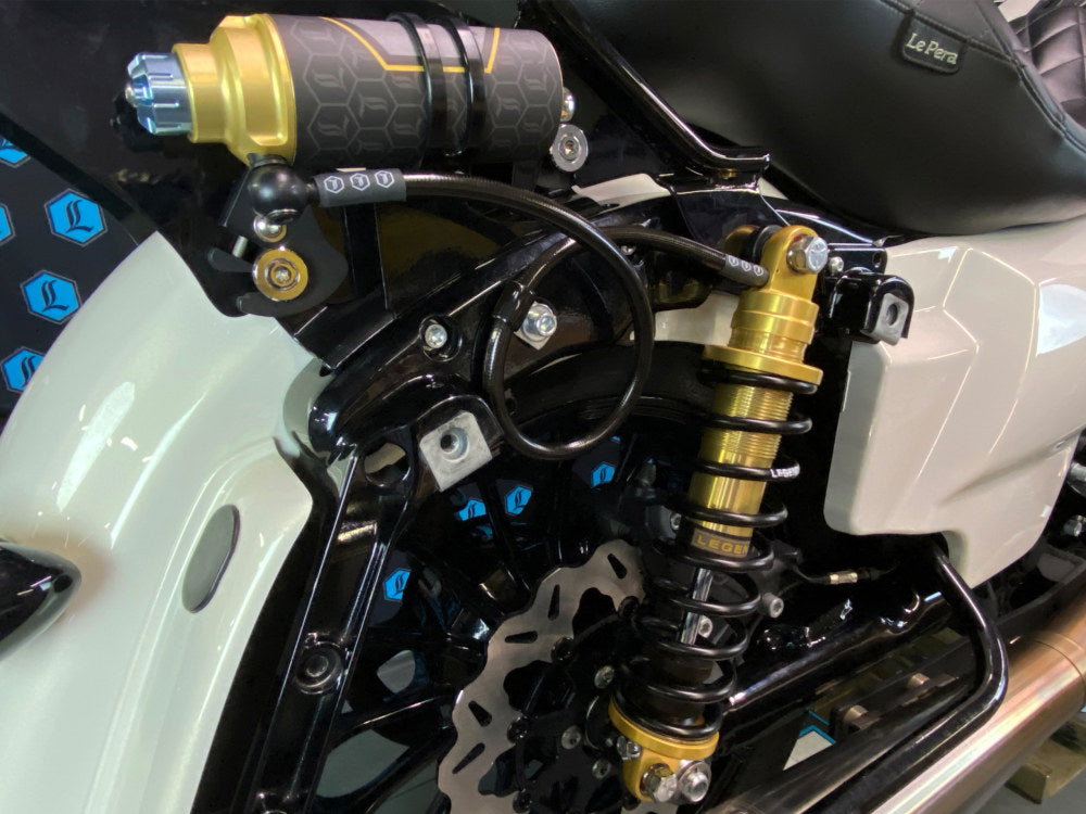 Revo ARC Remote Reservoir Suspension. 13in. Adjustable, Heavy Duty Spring Rate, Rear Shock Absorbers – Gold. Fits Touring 2014up.