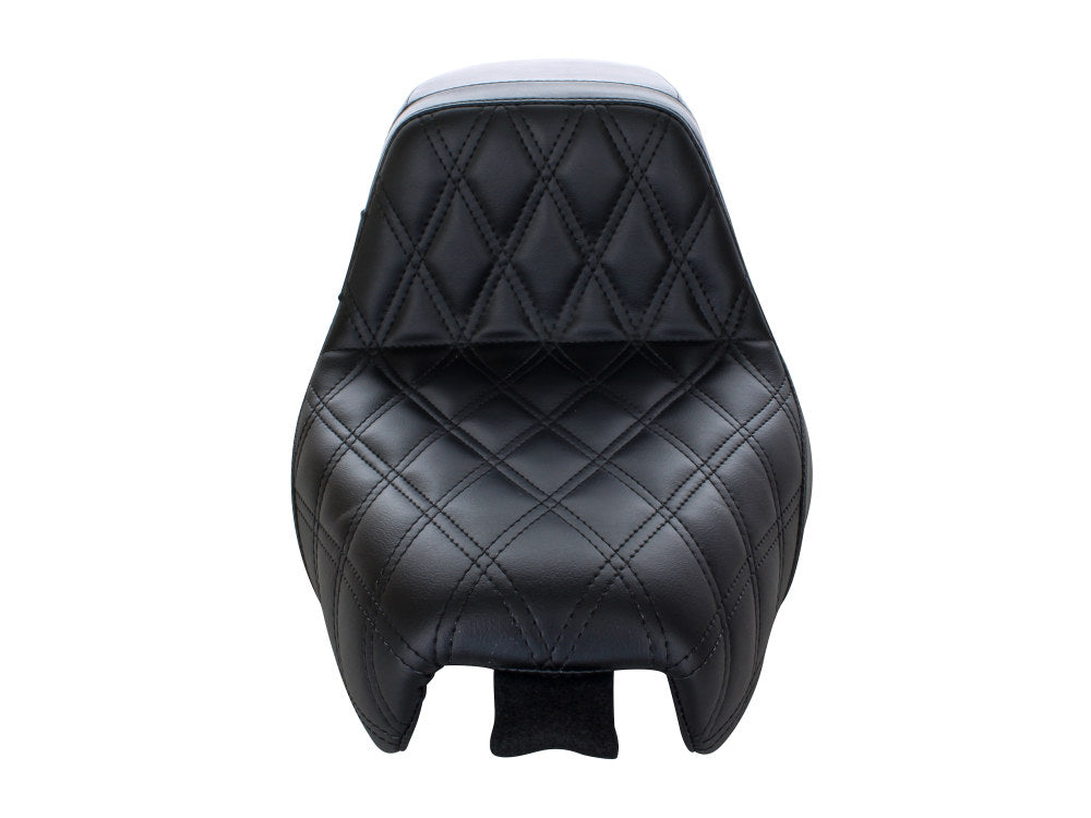 Kickflip Dual Seat with Black Double Diamond Stitch. Fits Sportster 2004-2006 & Sportster 2010-2021 Models with either 3.3 or 4.5 Gallon Tank. LePera