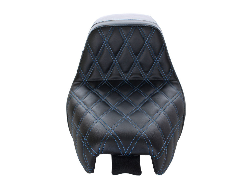 Kickflip Dual Seat with Blue Double Diamond Stitch. Fits Sportster 2004-2006 & Sportster 2010-2021 Models with either 3.3 or 4.5 Gallon Tank. LePera