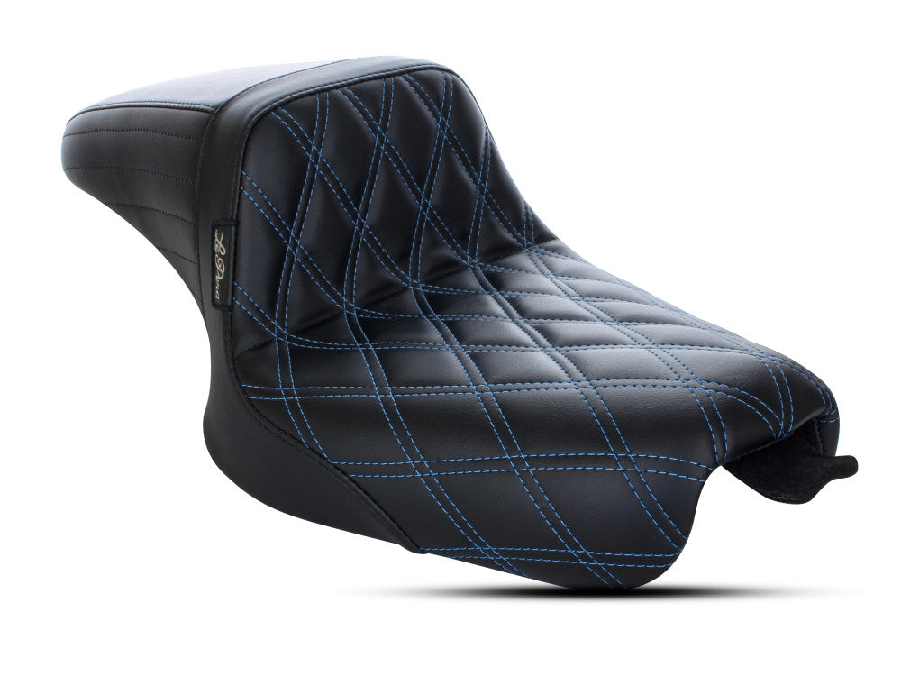 Kickflip Dual Seat with Blue Double Diamond Stitch. Fits Sportster 2004-2006 & Sportster 2010-2021 Models with either 3.3 or 4.5 Gallon Tank. LePera