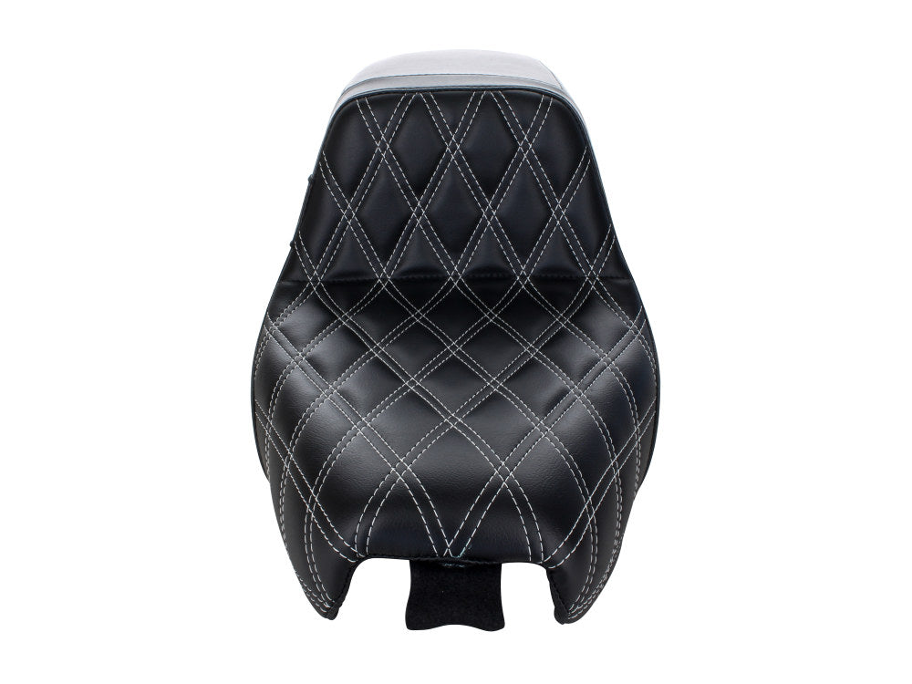 Kickflip Dual Seat with White Double Diamond Stitch. Fits Sportster 2004-2006 & Sportster 2010-2021 Models with either 3.3 or 4.5 Gallon Tank. LePera