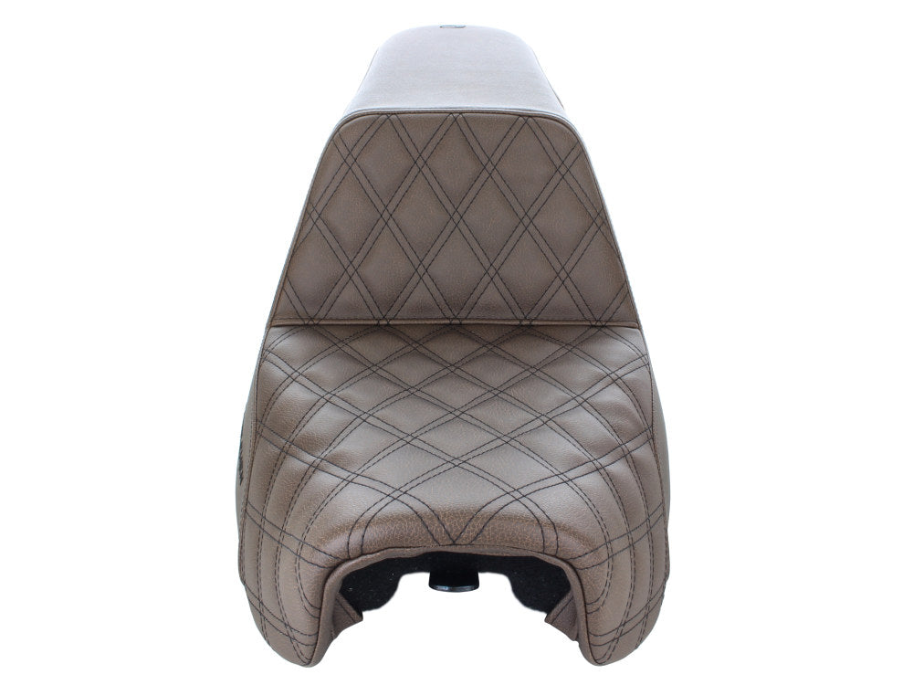 Brown Step-Up LS Dual Seat with Black Double Diamond Lattice Stitch. Fits Dyna 2006-2017. SADDLEMEN