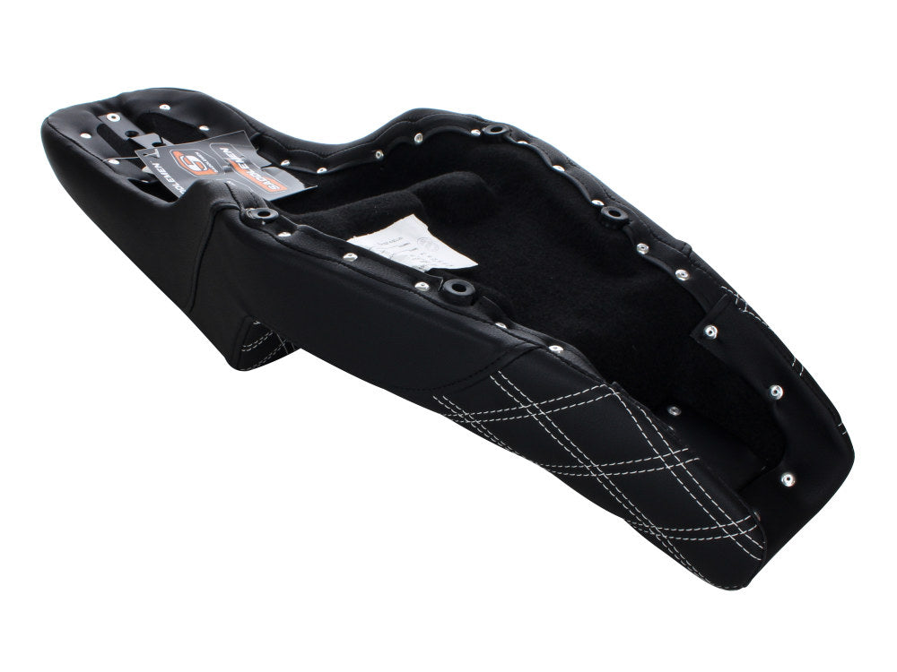 Step-Up LS Dual Seat with White Double Diamond Lattice Stitch. Fits Sportster 2004-2021 with 3.3 Gallon Fuel Tank. SADDLEMEN