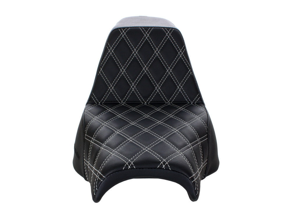 Step-Up LS Dual Seat with White Double Diamond Lattice Stitch. Fits Fat Bob 2018up. Saddlemen